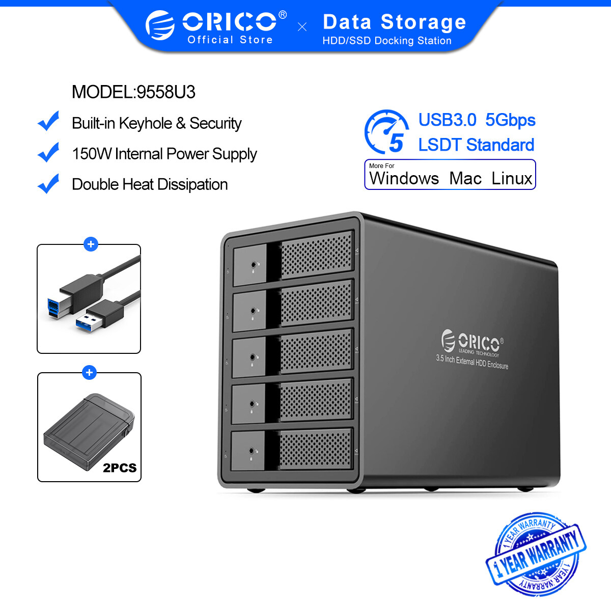 ORICO 95 Series Multi Bay 3.5'' SATA to USB3.0 HDD Docking Station 16TB Single Internal Power HDD Enclosure Aluminum HDD Case(9558U3)