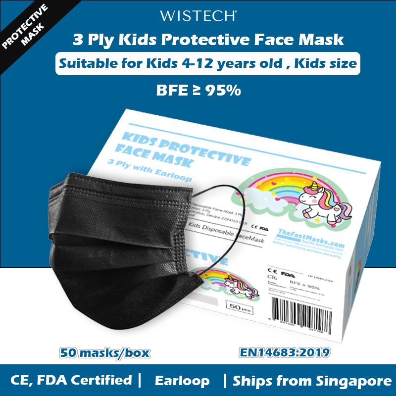 [MIX AND MATCH GET % OFF]  [Ready Local stocks] (Black) 3 Ply Kids Protective Face MASK, TheFastMask, Kids Disposable Mask, 50 pieces, FDA CE Approved, BFE 95%