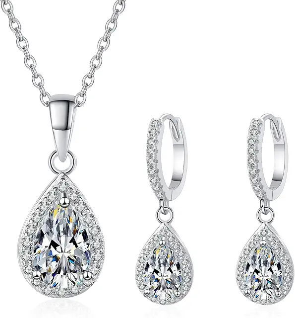 14K Gold 1 Carat Diamond Necklace &Drop Earrings Set, Pear Shape Design Two-Piece Jewelry Set,Perfect for Romantic Gifts