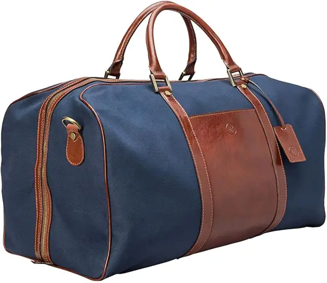 Maxwell Scott - Personalized Luxury Large Leather/Canvas Luggage Travel Bag with YKK Zip - The Giovane L Tan/Navy Canvas